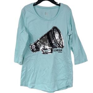 Justice Active Girls 10 Aqua Reverse Sequin Cheer Megaphone Tee Cute T-Shirt
